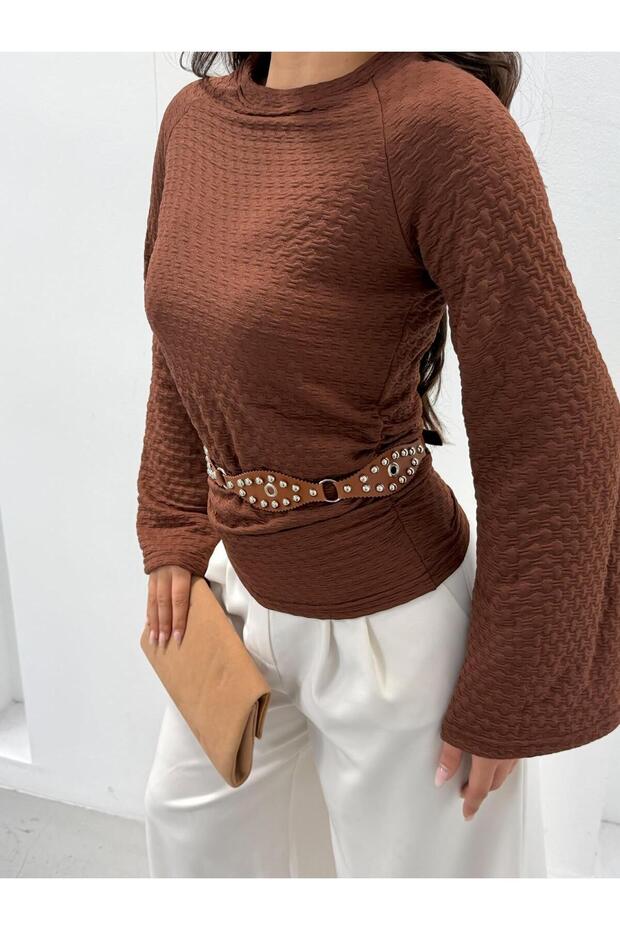 Women's Brown Spanish Sleeve Seersucker Textured Blouse Frv0236