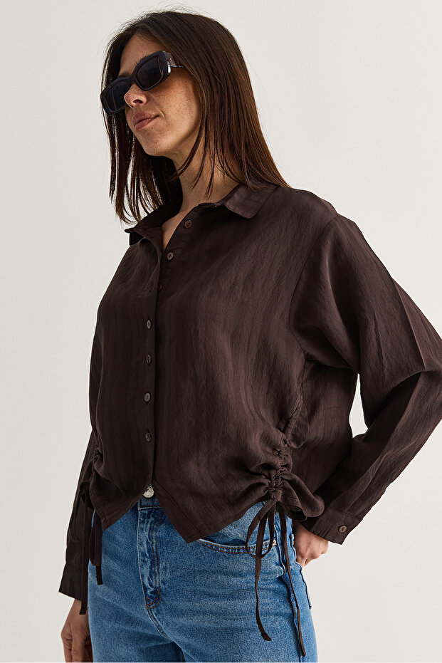 Women's Brown Side Gathered Tie Detailed Buttoned Shirt 2344 60286594