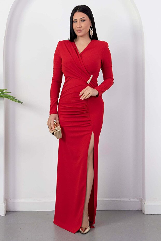 Double-Breasted Collar, Waist Buckle, Long Sleeve Crepe Dress K-262759