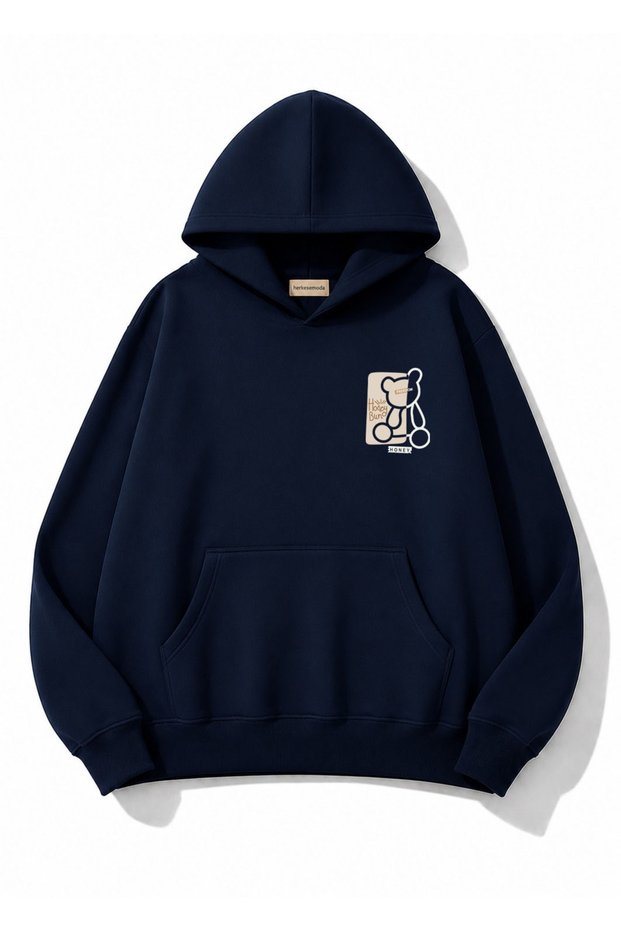 Honey Teddy Bear Printed Oversize Sweatshirt with Kangaroo Pocket