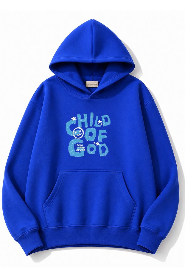 Chil of God Text Printed Oversize Sweatshirt with Kangaroo Pocket