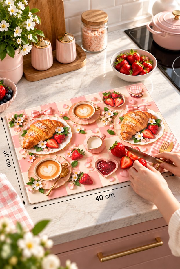Glass Cutting Board with Pink Checkerboard Pattern, Croissant & Coffee Themed - Glass Cutting Board | 30cm X 40cm
