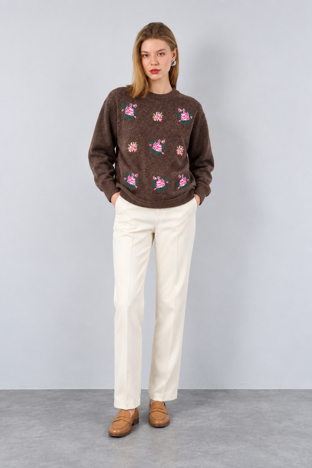 Women's Brown Crew Neck Floral Patterned Wool Sweater
