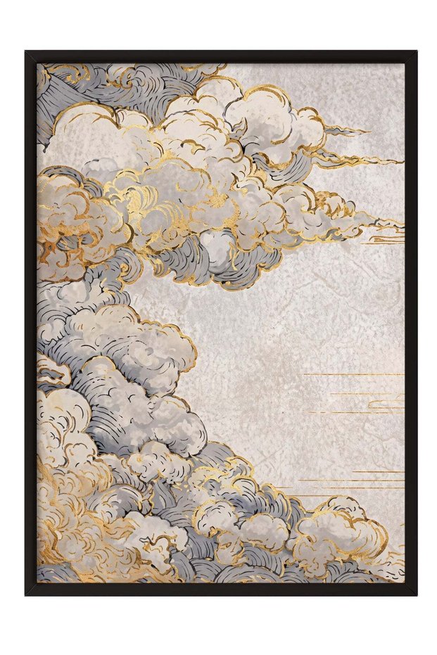 Golden Patterned Clouds Poster – Black Framed Artwork No:180104