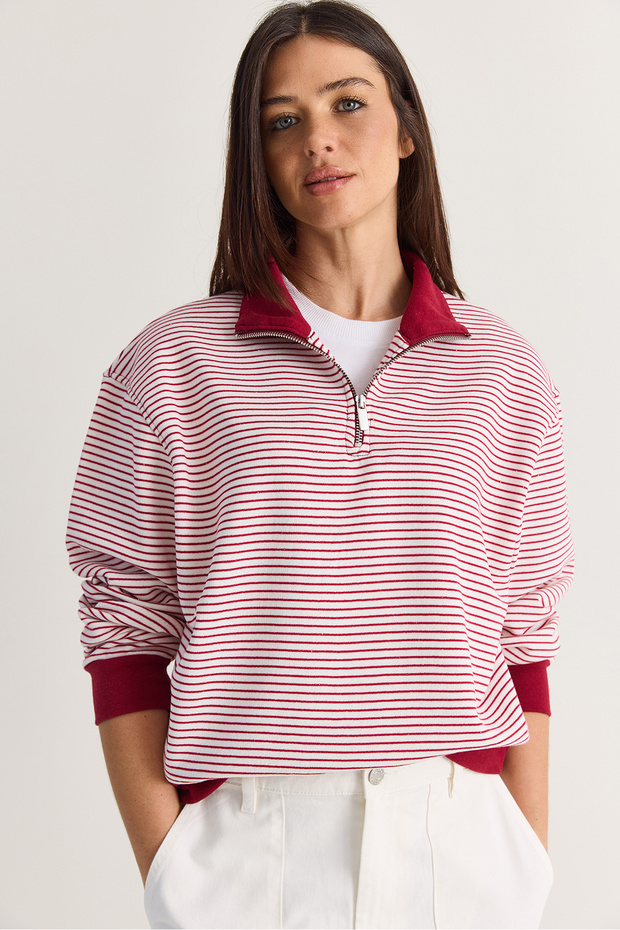 Women's Burgundy Oversize Polo Collar Half Zipper Striped Sweatshirt Ös261005 60286586