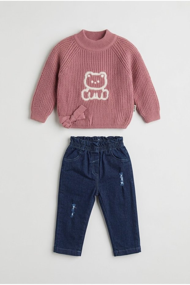 Teddy Bear, Sequin and Bow Knitwear Sweater, Jean Pants, Baby Girl & Child 2-Piece Set (6 Months - 6 Years)