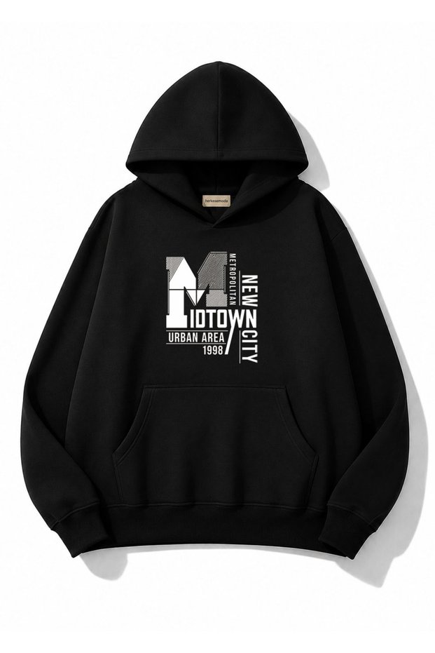 New City Printed Oversize Sweatshirt with Kangaroo Pocket