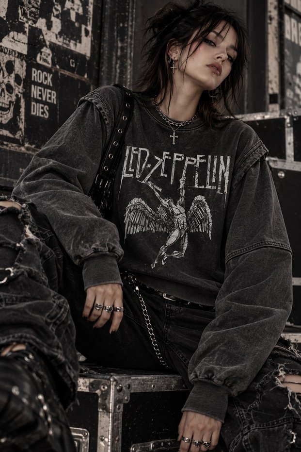 Metal Music Printed Retro Style Washable Sweatshirt with Shoulder Detail