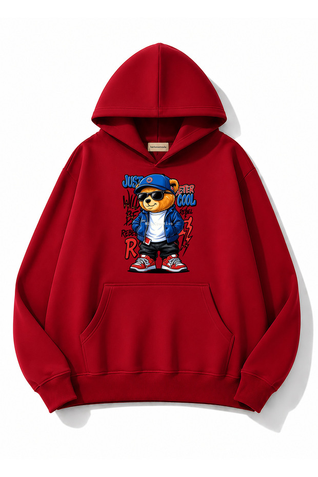 Teddy Bear Print Detailed Hooded 2 Thread Sweatshirt