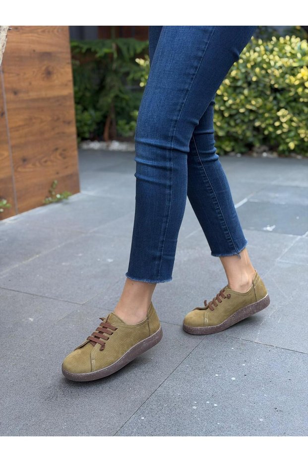 Green Nubuck Leather Elastic Women's Casual Shoes