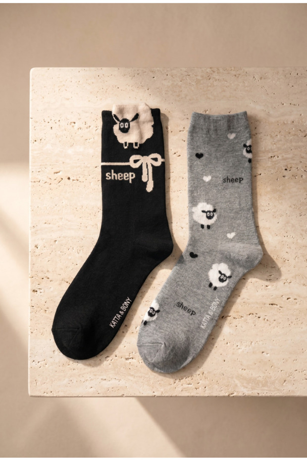 Women's 2-Piece Lamb Patterned Socks Gray Mix