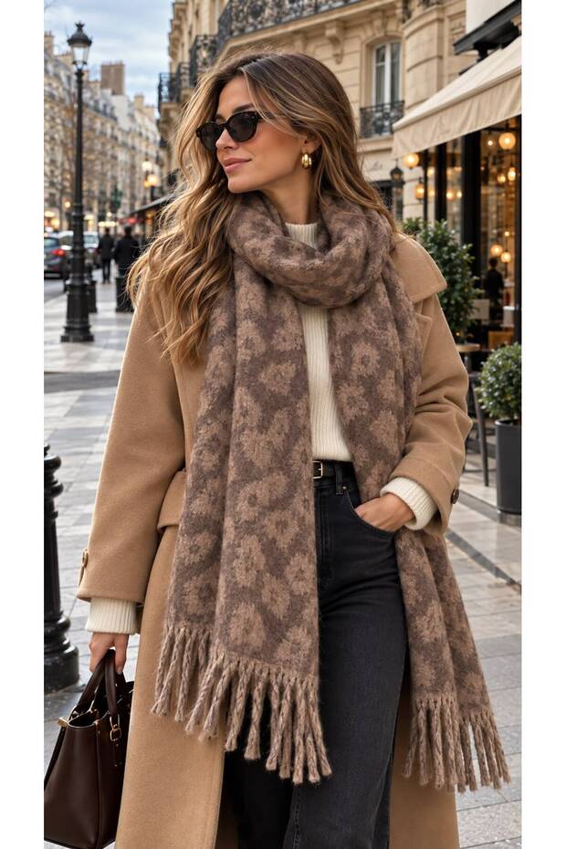 Coffee Leopard Patterned Soft Textured Thick Women's Shawl with Tassels