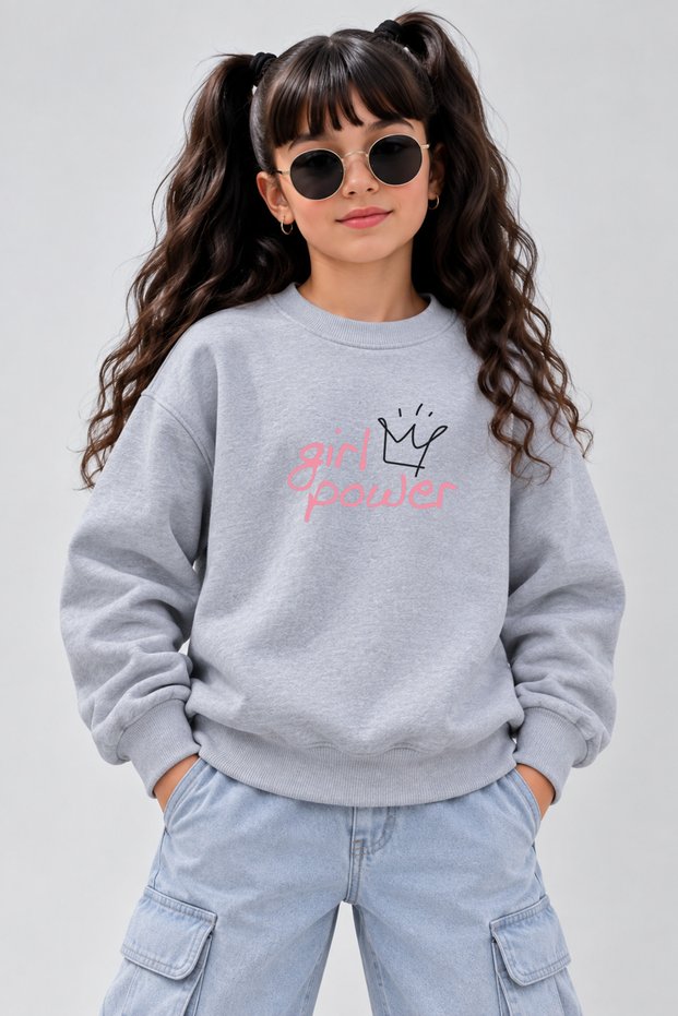 Crew Neck Sweatshirt for Girls, Printed 3-Yarn Threaded Winter Sweatshirt