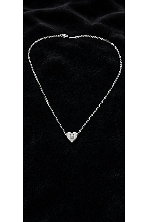 Silver Color -M- Letter Heart Detailed Minimal Thin Chain Steel Necklace -Tarnish Resistant-45Cm