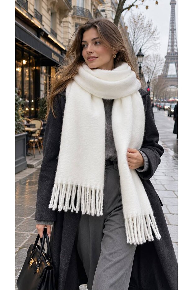 Ecru Lux Puff Tasseled Soft Textured Thick Women's Shawl