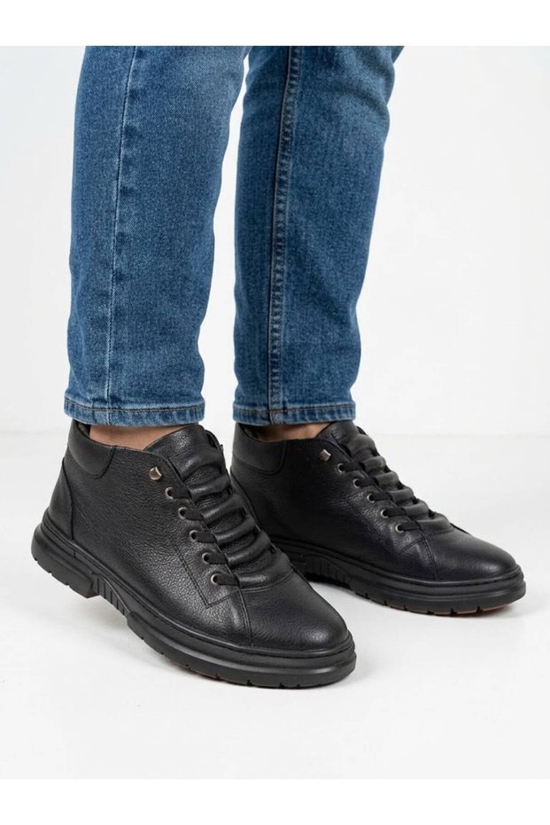 Men's Black Genuine Leather Elastic Orthopedic Non-Slip Sole Casual Boots