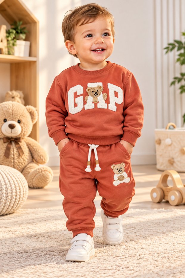 Brick Color ₺100 Cotton 3 Threads Without Drawstring Baby Boy & Children's Tracksuit Set with Pockets, Adjustable Drawstring Waist, Teddy Bear Pattern