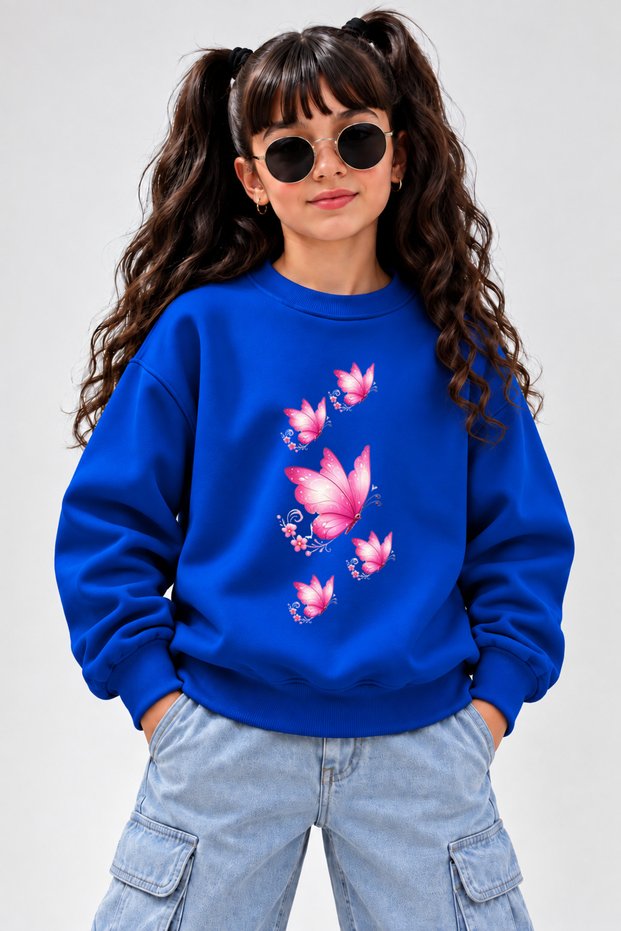 Crew Neck Sweatshirt for Girls, Printed 3-Yarn Threaded Winter Sweatshirt