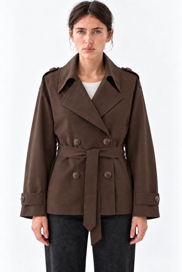 Double-Breasted Collar Belted Waist Lined Flowy Short Trench Coat Brown