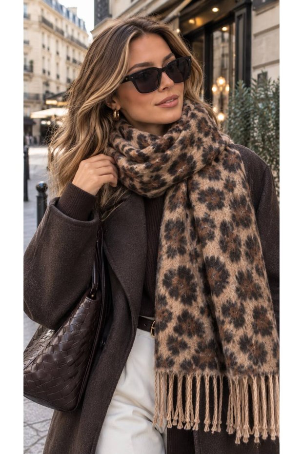 Coffee Leopard Patterned Soft Textured Thick Women's Shawl with Tassels