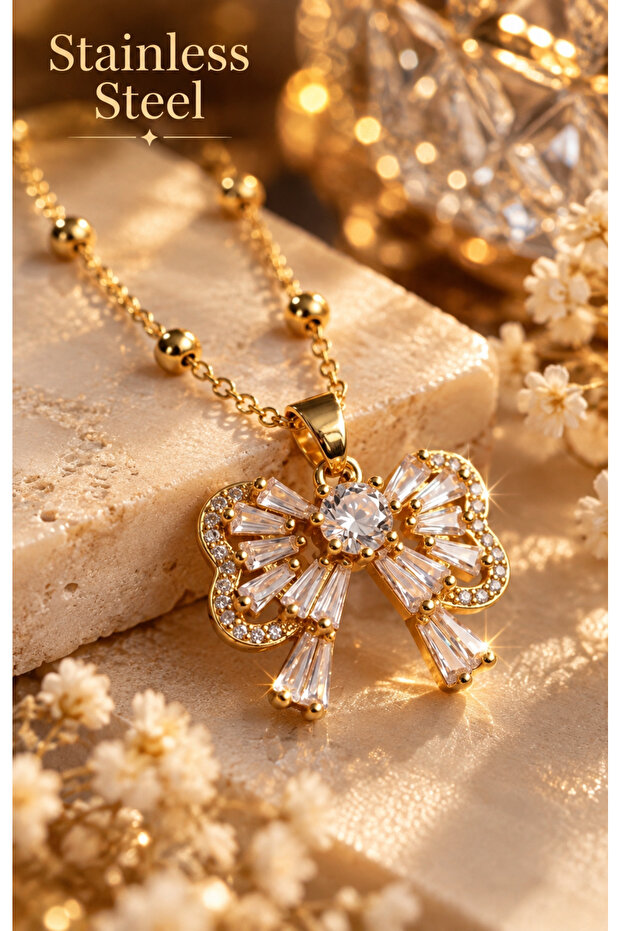 Gold Color Bow Model Baguette Top Chain Steel Necklace