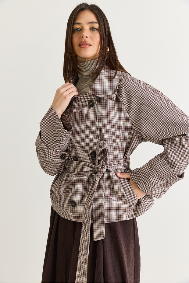 Women's Brown Plaid Patterned Wide Sleeve Belted Short Trench Coat 1123 60286581