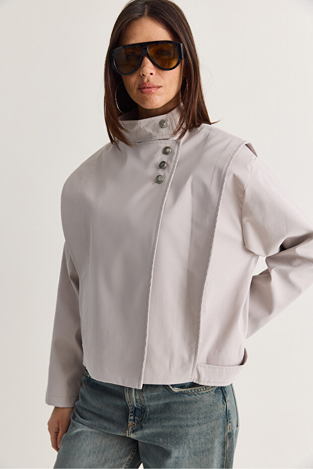 Women's Stone High Collar Metal Button Detailed Lined Short Trench Coat 2815 60286458