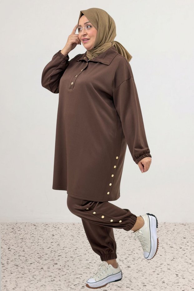 67078 Large Size Modal Trousers Set with Snap Detail on the Legs and Collar - Brown