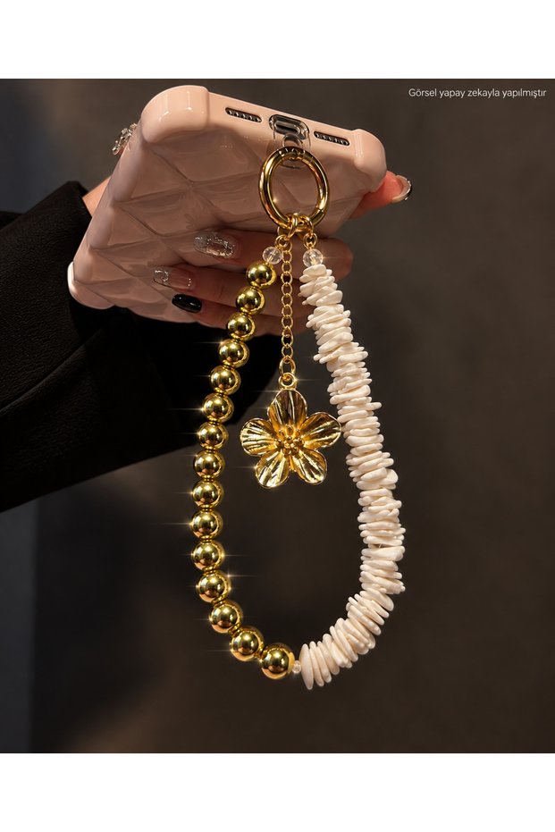 Natural Broken Stone Phone Charm with Gold Beads and Flower Detail Phone Strap Bag Charm Keychain Accessory