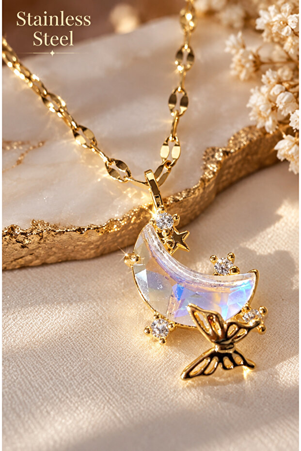 316L Steel Gold Color Butterfly Moon Crescent Model Tarnish Resistant Necklace