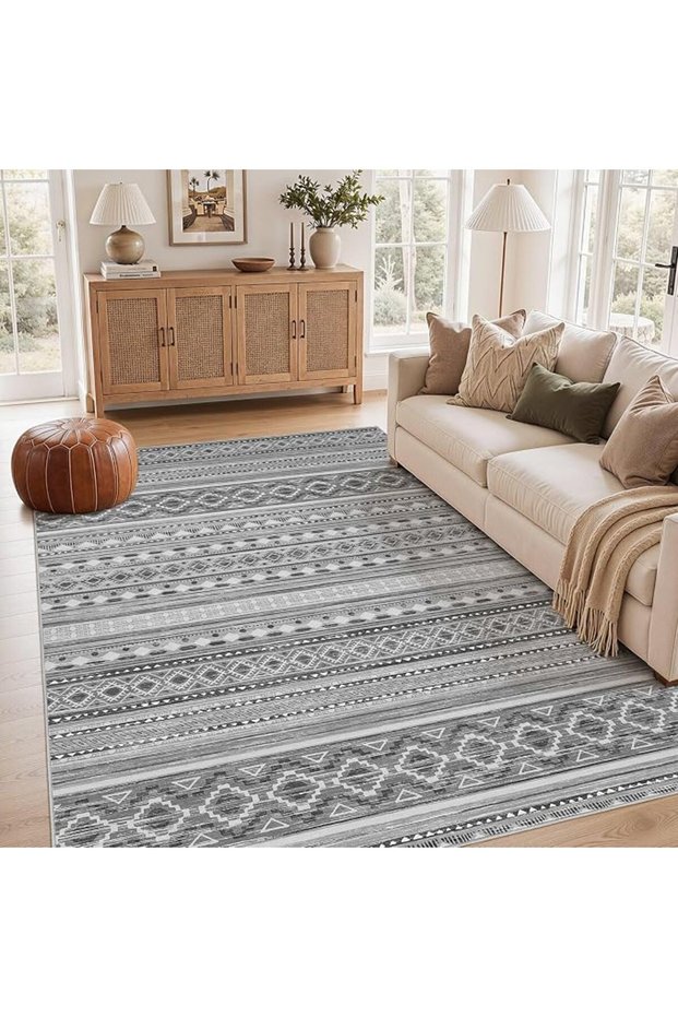 Kotelid Rectangular Polyester Beige Carpet Large Machine Made Non Slip Washable Area Rug