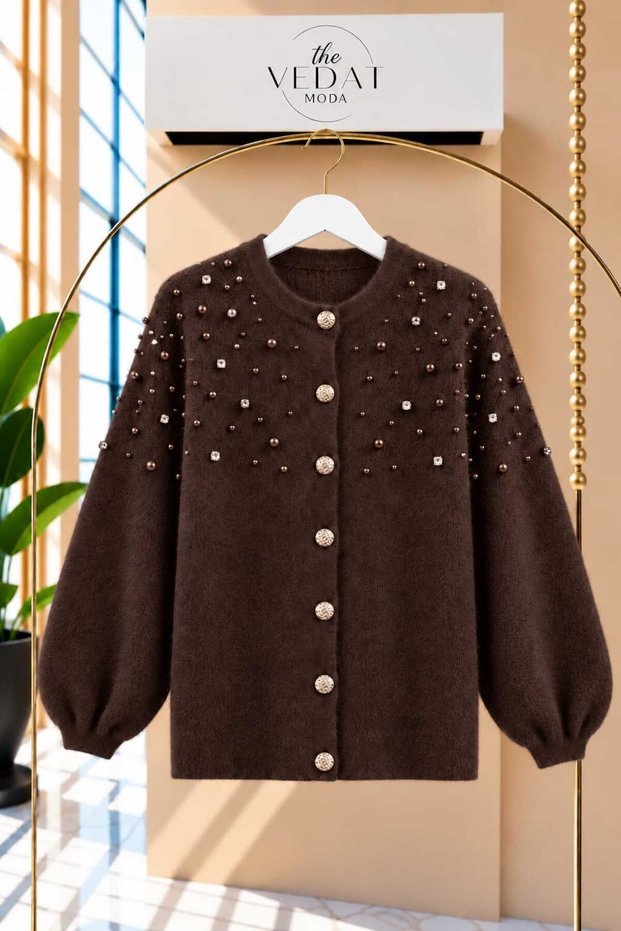 Women's Pearl Detailed Soft Cardigan -0440 (Suitable for Size 36/38/40)