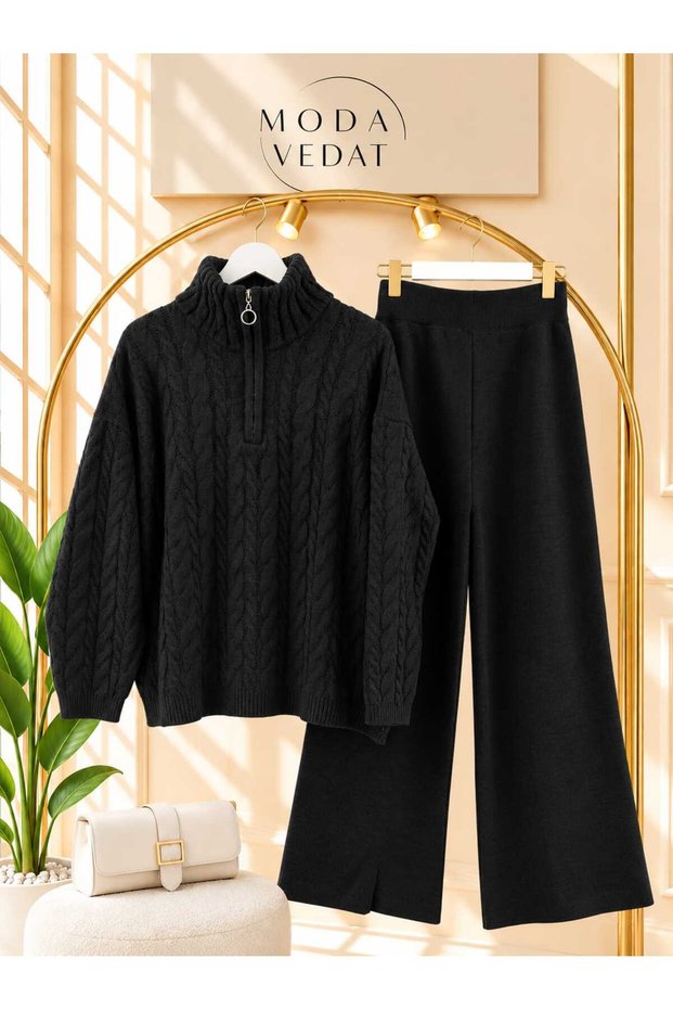 Women's Knitted Patterned Zippered Knitwear Set -0500