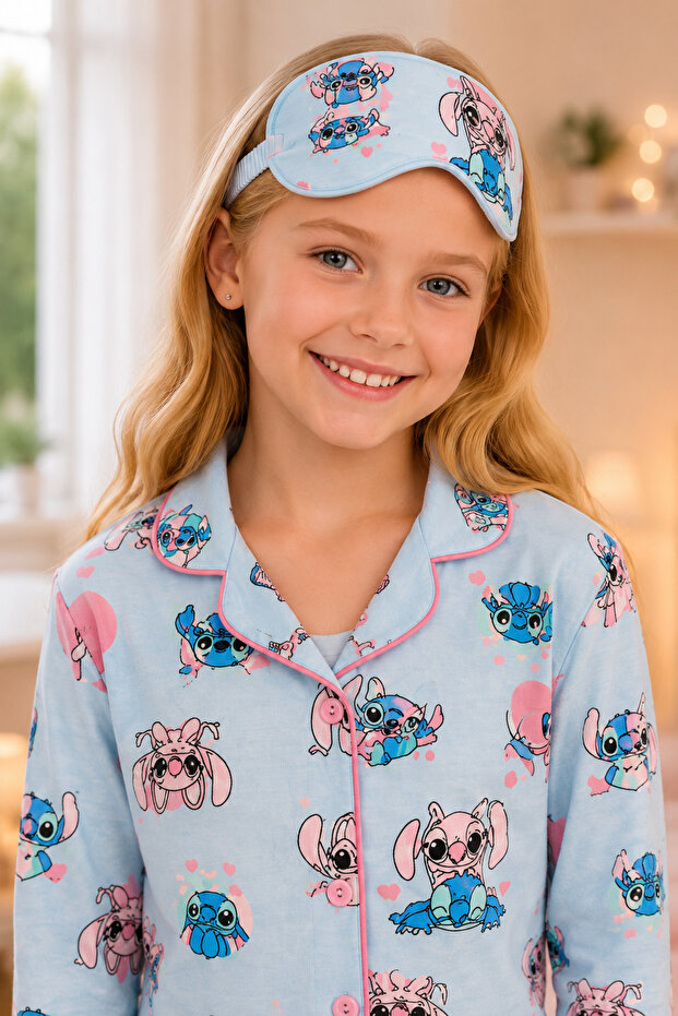 Girl's Blue Character Patterned Long Sleeve Pajama Set + Eye Patch