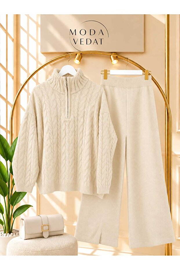 Women's Knitted Patterned Zippered Knitwear Set -0500