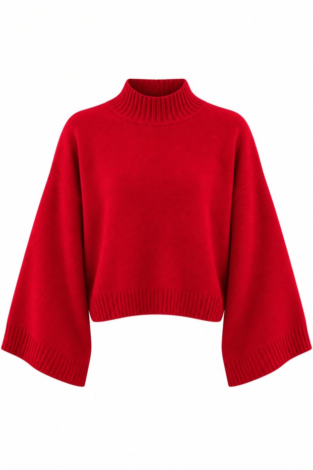 Half Fisherman Bat Sleeve Oversize Red Knit Sweater
