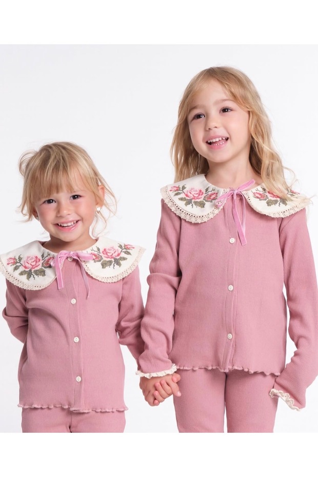 Girl's Long-Sleeved Top and Bottom Set with Embroidered Collar
