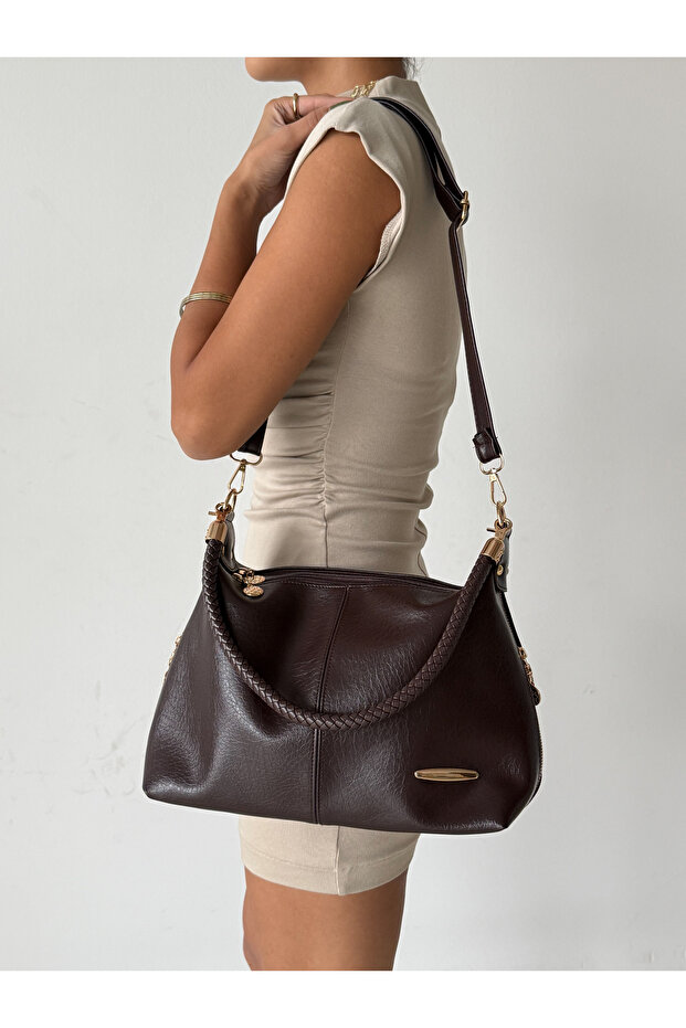 Trendy Side Zipper Multi-Compartment Soft Leather Quality Women's Crossbody Hand and Shoulder Bag with Knitted Strap