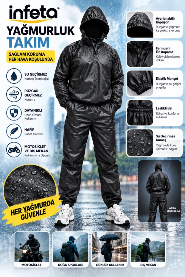 Black Top and Bottom Set Raincoat Hooded Coat and Pants Rain Set