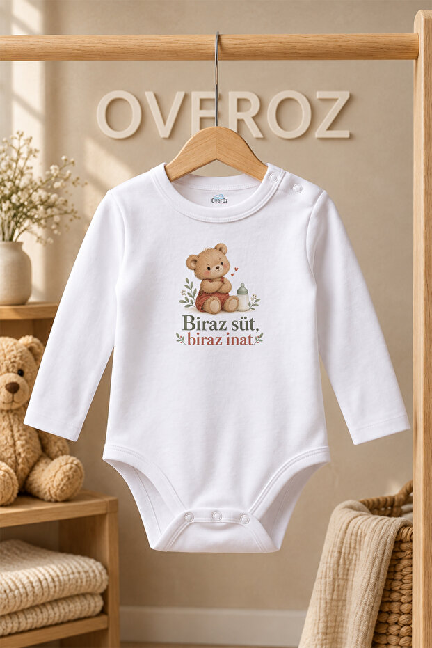White Long Sleeve Cotton Snap Fastener Baby Bodysuit a Little Milk, a Little Stubbornness 6022