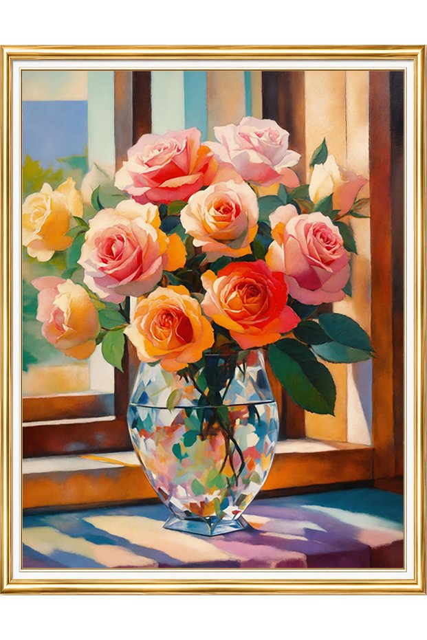 Diamond painting puzzle kit, roses in a patterned vase before the window 40x50 cm mosaic
