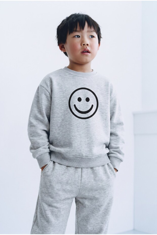Children's Cotton Printed Gray Sweatshirt and Sweatpants Set