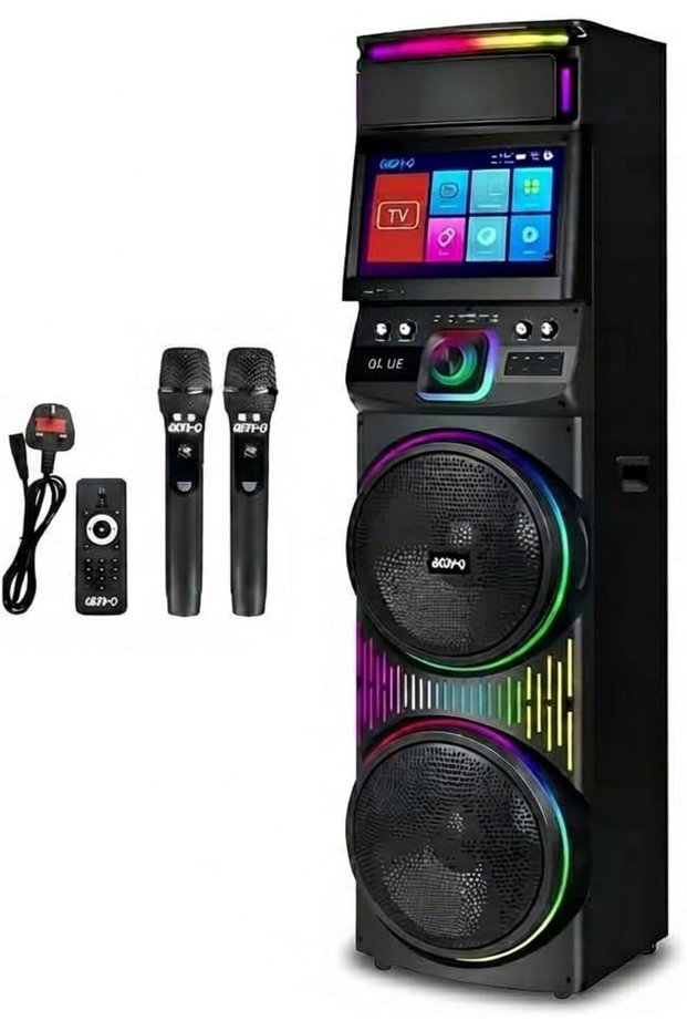 Party Bluetooth Speaker with Built-in Smart Screen (Android System), 2 Wireless Microphones, and Interactive Lighting (GD-1417)