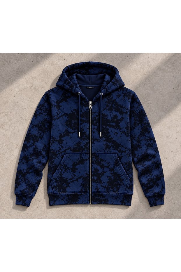 New Season Unisex Batik Patterned Seasonal Kangaroo Pocket Hooded Full Zipper Jacket