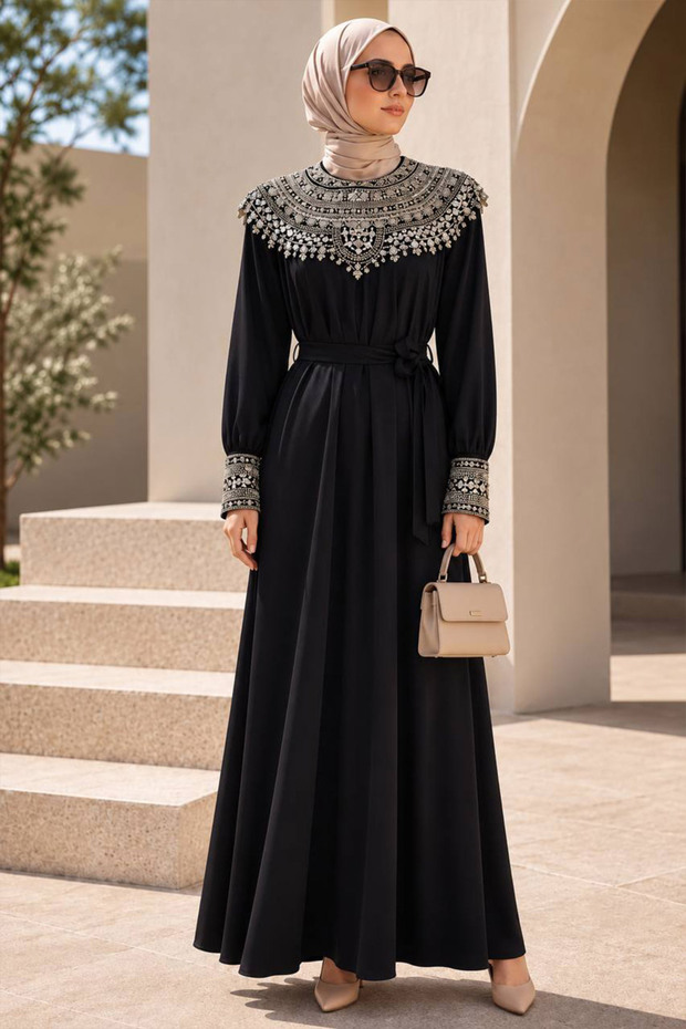 Stone Embellished Belted Tanya Silver Hijab Evening Dress 15649Gms