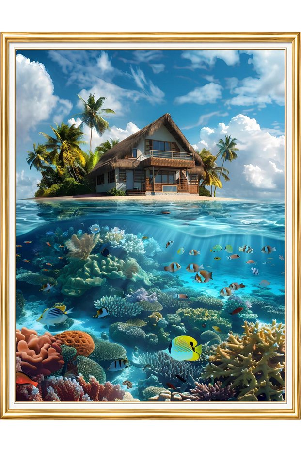Diamond painting puzzle kit, tropical island and coral reef 40x50 cm mosaic