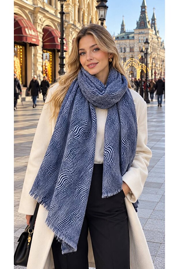 Blue Line Patterned Tasseled Women's Shawl 90X180 cm