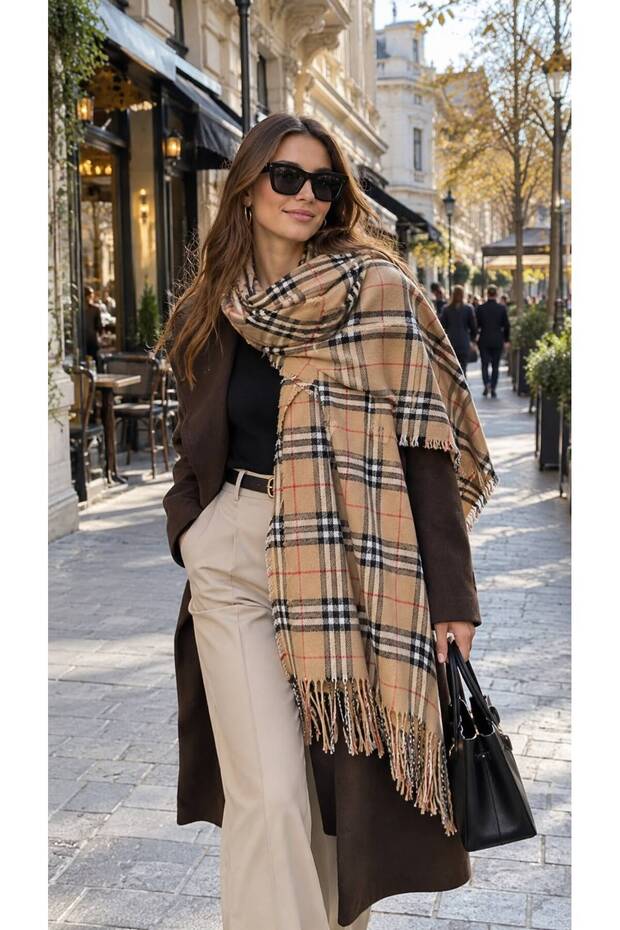Camel Plaid Patterned Tasseled Women's Thick Shoulder Shawl 65X180 cm