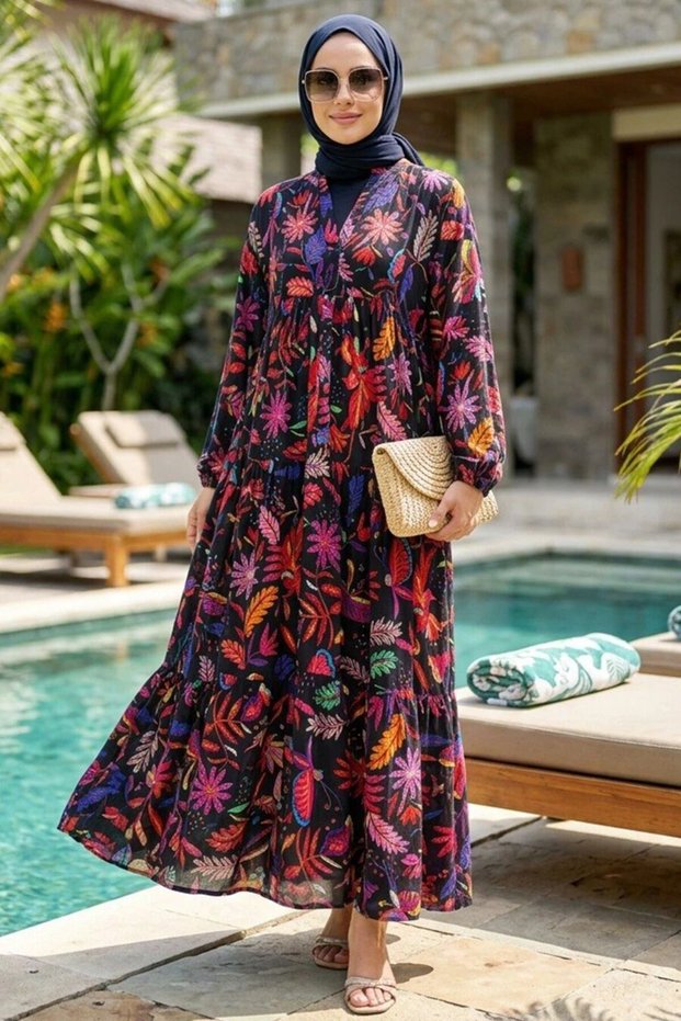 Patterned Black Hijab Dress 657701S