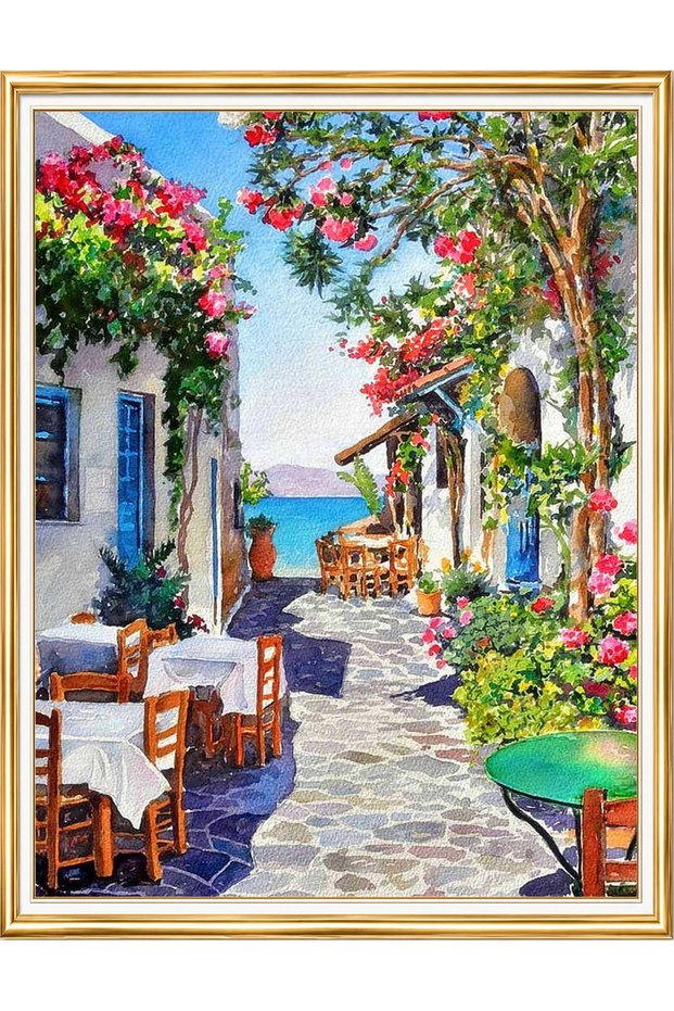 Diamond painting puzzle kit, flowery mediterranean street 40x50 cm mosaic